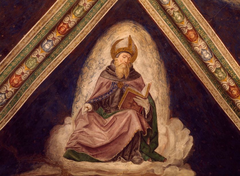 St Augustine, detail from the Doctors of the Church Cycle, 1487-1492, fresco, Church of the Santissima Annunziata, Franciscan Monastery, Cortemaggiore, Emilia-Romagna. Italy, 15th century. Saint Augustin et l’exploration spirituelle à travers les Psaumes