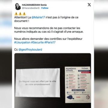La mairie du 17e arrondissement de Paris met en garde contre une nouvelle arnaque