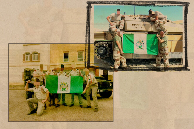 594c3cce-03b8-482a-8e01-8351575ef2f3 Des soldats français posent avec un drapeau controversé