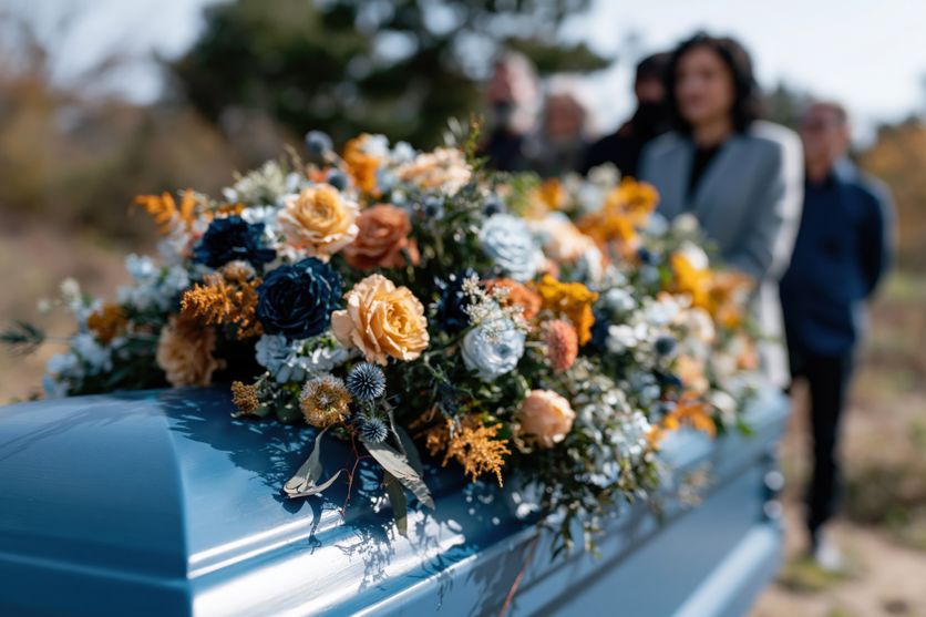 Closeup of blue casket with detailed floral bouquet for outdoor funeral memorial scene and remembrance background use Organiser des obsèques : étapes et soutien nécessaire