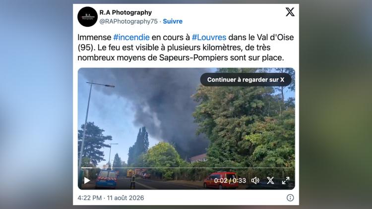 e2c715d7-b94b-43d6-b27c-d65337621ad1 Incendie dans un entrepôt de Louvres : intervention massive des pompiers