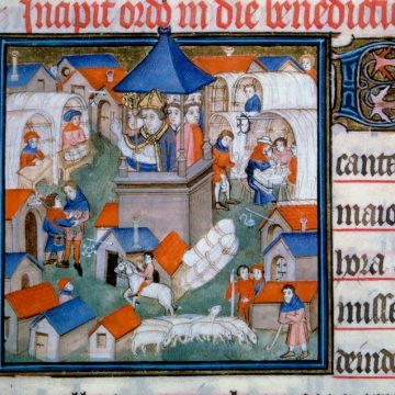View of the Lendit fair, popular gathering and walking in the city of Saint Denis The eveque of Paris blessed the opening of this event. Miniature from “Pontifical de Sens”” 14th century Paris, B.N. Marchands et banquiers du Moyen Âge de Jacques Le Goff: Une Réédition Incontournable